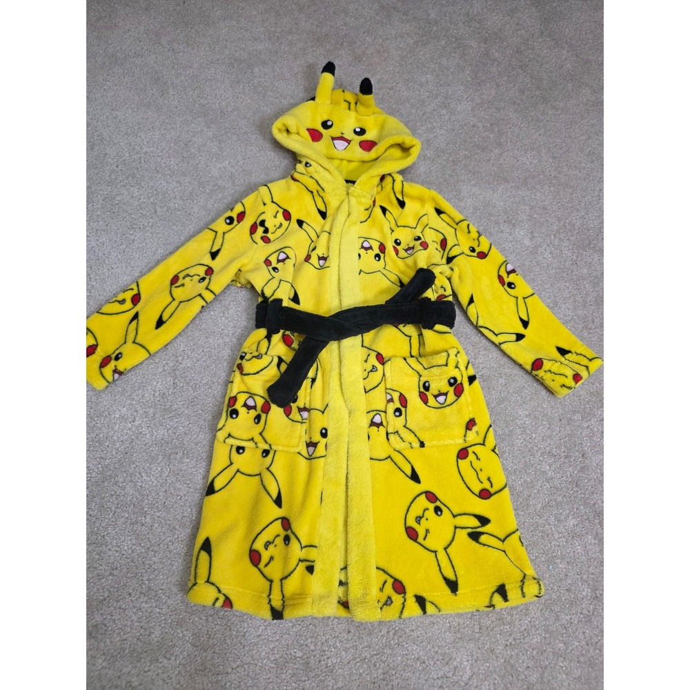 Pokemon Pikachu Kids Hooded Plush Bathrobe Yellow Fleece Robe Size 6 5-6 Years
